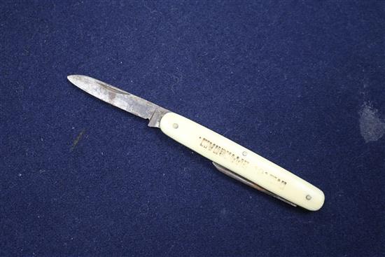 Seven 19th century and later silver and mother of pearl handled travelling forks a similar silver fruit knife and three other items.